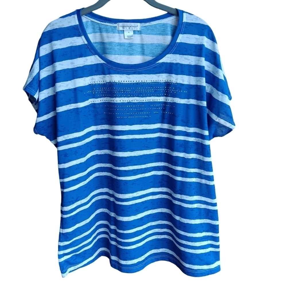 Christopher & Banks Blue and White Striped Short Sleeve Tee XL